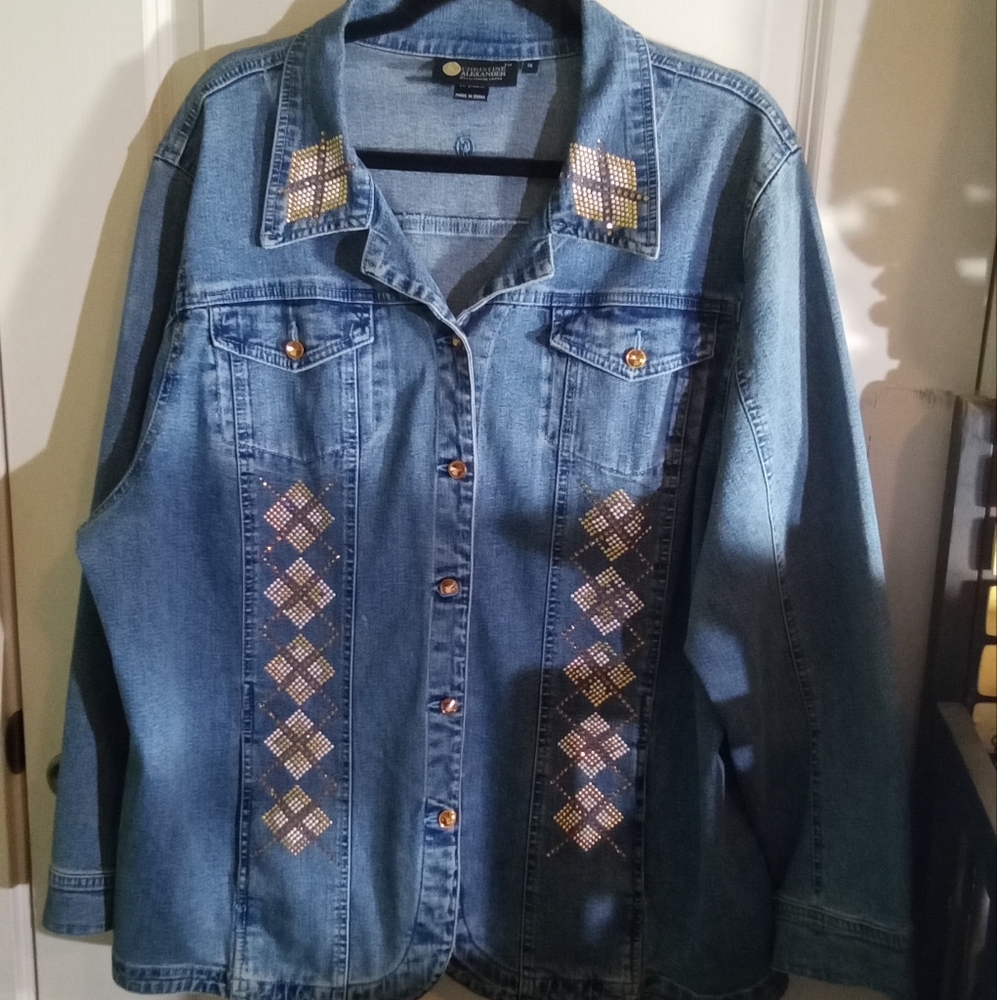Christine Alexander Blue Jean Jacket Bedazzled with Rhinstone Accents Size XL